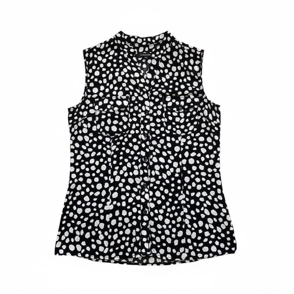 Notations Medium Sleeveless Tunic Top Black White Pattern Mandarin Neck Pocket - Picture 2 of 11